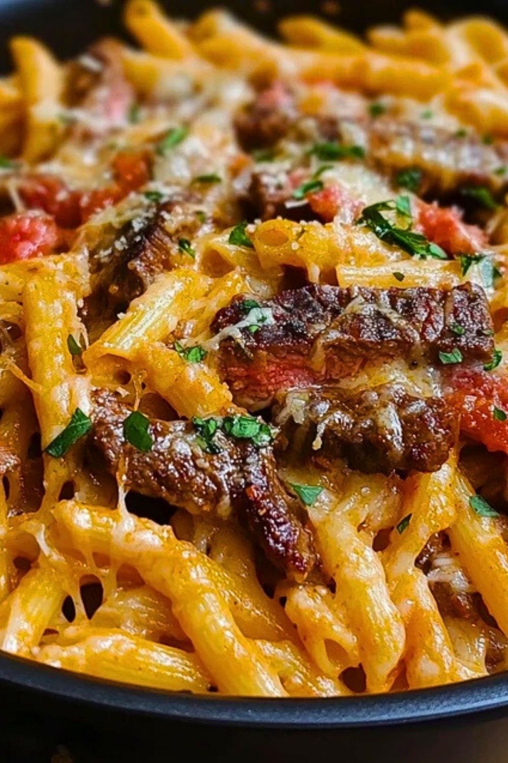 One-Pot Cheesy Mozzarella Cajun Steak Pasta Fest
