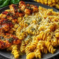 Cheesy Rotini with Garlic Parmesan Chicken Easy Pasta Dinner