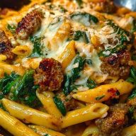 Creamy Garlic Butter Beef Penne with Sausage and Spinach