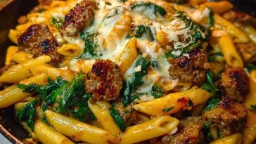 Creamy Garlic Butter Beef Penne with Sausage and Spinach