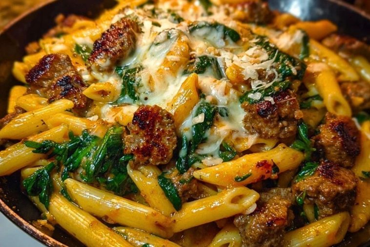Creamy Garlic Butter Beef Penne with Sausage and Spinach