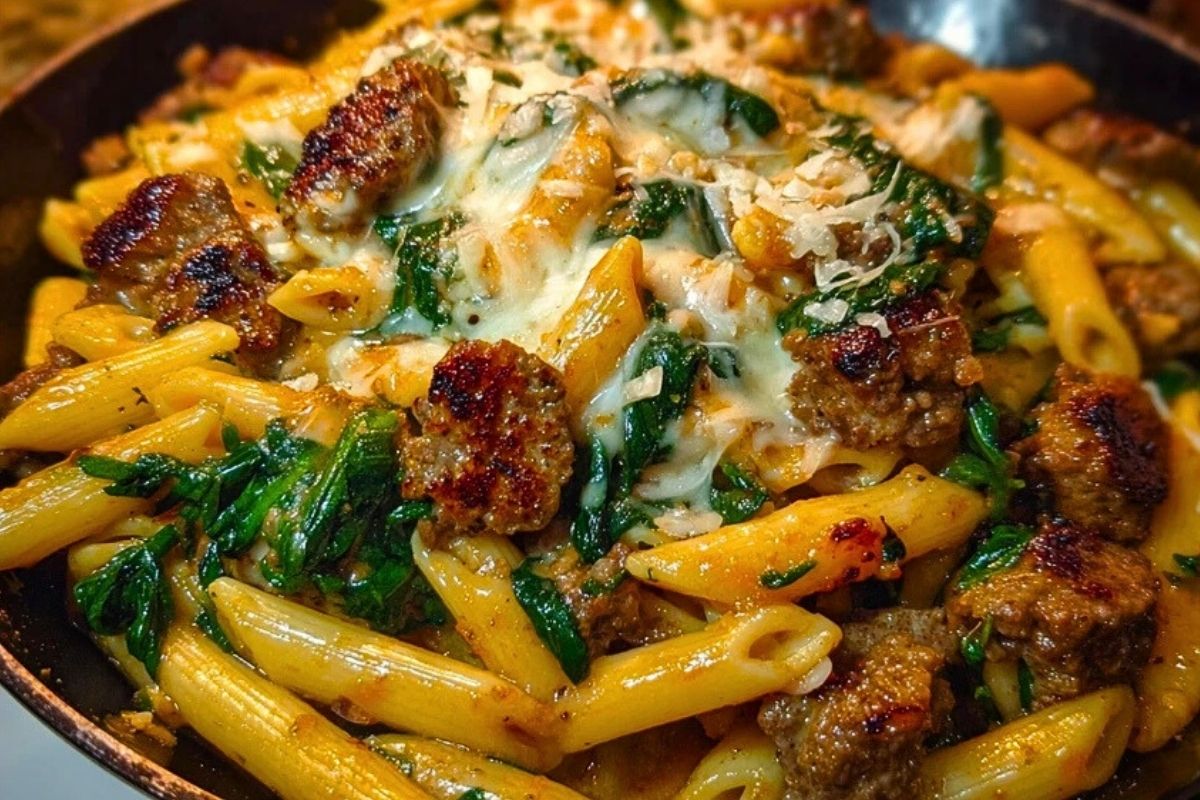 Creamy Garlic Butter Beef Penne with Sausage and Spinach