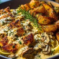 Creamy Mushroom Garlic Chicken Alfredo & Hot Honey Roasted Potatoes