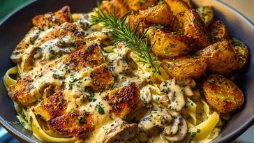 Creamy Mushroom Garlic Chicken Alfredo & Hot Honey Roasted Potatoes