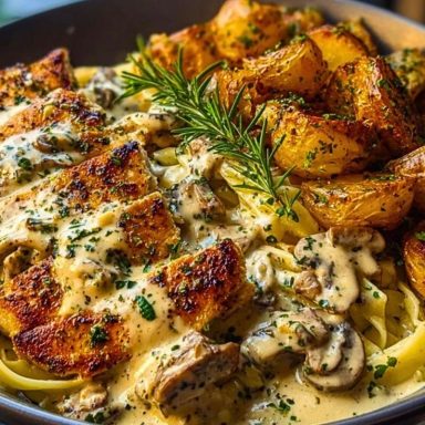 Creamy Mushroom Garlic Chicken Alfredo & Hot Honey Roasted Potatoes