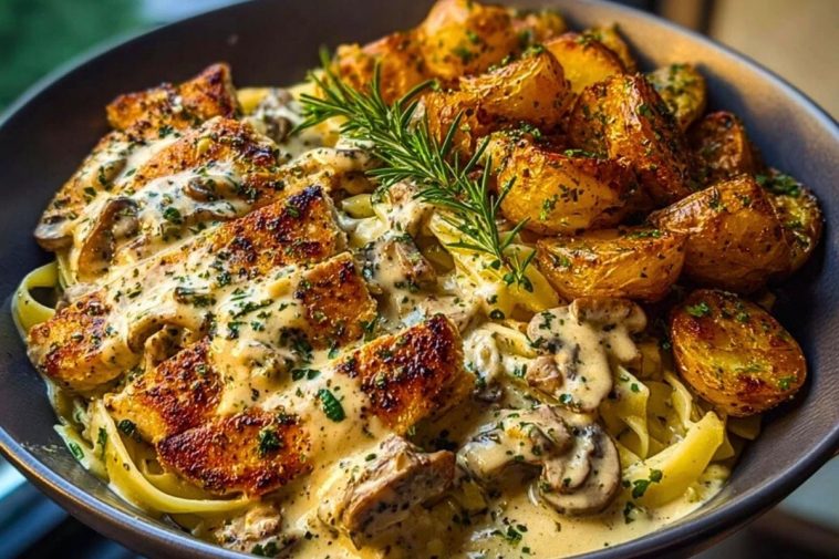 Creamy Mushroom Garlic Chicken Alfredo & Hot Honey Roasted Potatoes