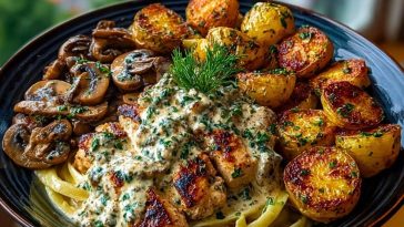 Delicious Creamy Mushroom Garlic Chicken Alfredo Recipe with Hot Honey Roasted Potatoes