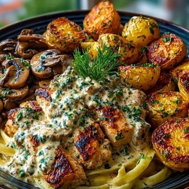 Delicious Creamy Mushroom Garlic Chicken Alfredo Recipe with Hot Honey Roasted Potatoes
