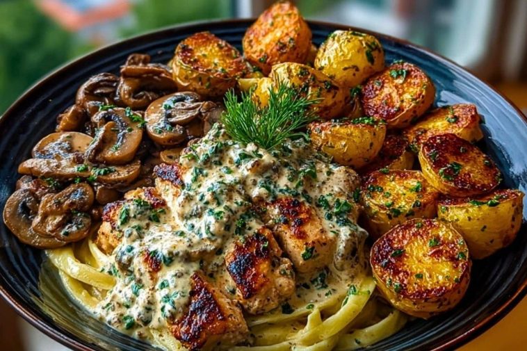 Delicious Creamy Mushroom Garlic Chicken Alfredo Recipe with Hot Honey Roasted Potatoes