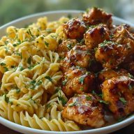 Delicious Garlic Butter Chicken Bites with Spicy Cajun Alfredo Twisted Pasta Recipe