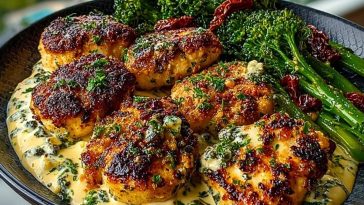 Delicious Garlic-Parmesan Chicken Bites Recipe with Sun-Dried Tomato Cajun Alfredo and Charred Broccolini
