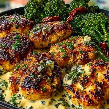 Delicious Garlic-Parmesan Chicken Bites Recipe with Sun-Dried Tomato Cajun Alfredo and Charred Broccolini