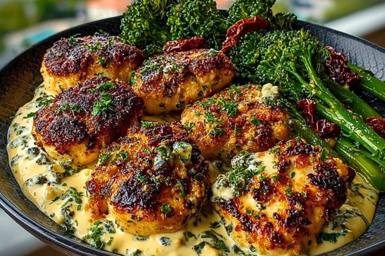 Delicious Garlic-Parmesan Chicken Bites Recipe with Sun-Dried Tomato Cajun Alfredo and Charred Broccolini