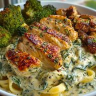 Delicious Spinach-Artichoke Greek Chicken Alfredo Recipe with Crispy Parmesan Broccoli and Mushroom Basil Cream