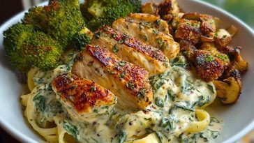 Delicious Spinach-Artichoke Greek Chicken Alfredo Recipe with Crispy Parmesan Broccoli and Mushroom Basil Cream