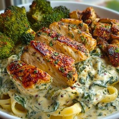 Delicious Spinach-Artichoke Greek Chicken Alfredo Recipe with Crispy Parmesan Broccoli and Mushroom Basil Cream