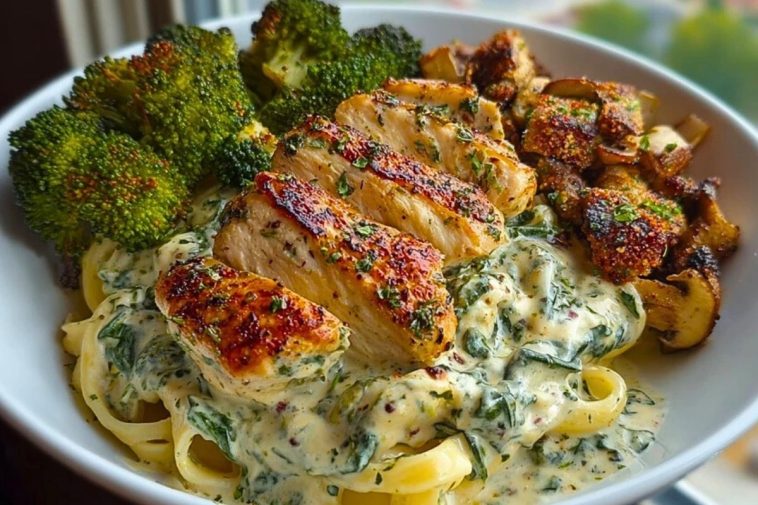 Delicious Spinach-Artichoke Greek Chicken Alfredo Recipe with Crispy Parmesan Broccoli and Mushroom Basil Cream