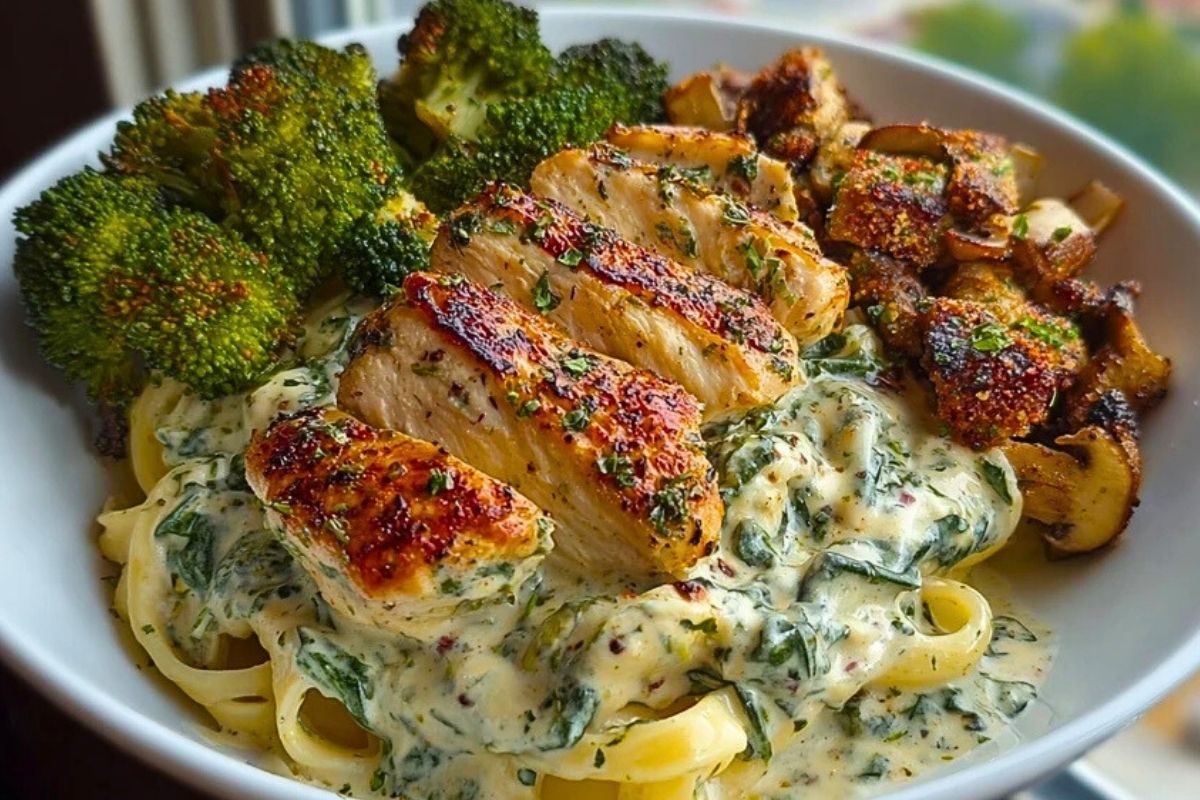 Delicious Spinach-Artichoke Greek Chicken Alfredo Recipe with Crispy Parmesan Broccoli and Mushroom Basil Cream