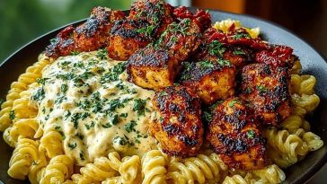 Delicious Tuscan Garlic Chicken Bites with Sun-Dried Tomato Cajun Alfredo Pasta Recipe