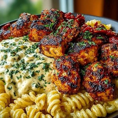 Delicious Tuscan Garlic Chicken Bites with Sun-Dried Tomato Cajun Alfredo Pasta Recipe