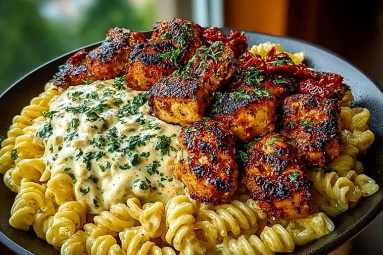 Delicious Tuscan Garlic Chicken Bites with Sun-Dried Tomato Cajun Alfredo Pasta Recipe