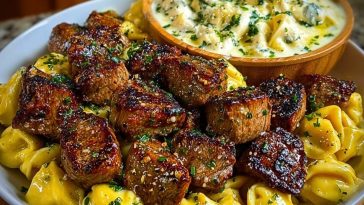 Garlic Butter Steak Bites with Creamy Parmesan Tortellini and Garlic Sauce