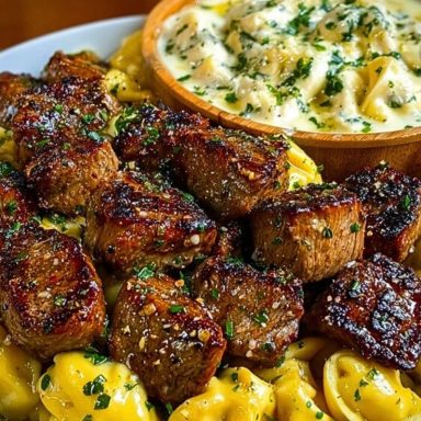 Garlic Butter Steak Bites with Creamy Parmesan Tortellini and Garlic Sauce