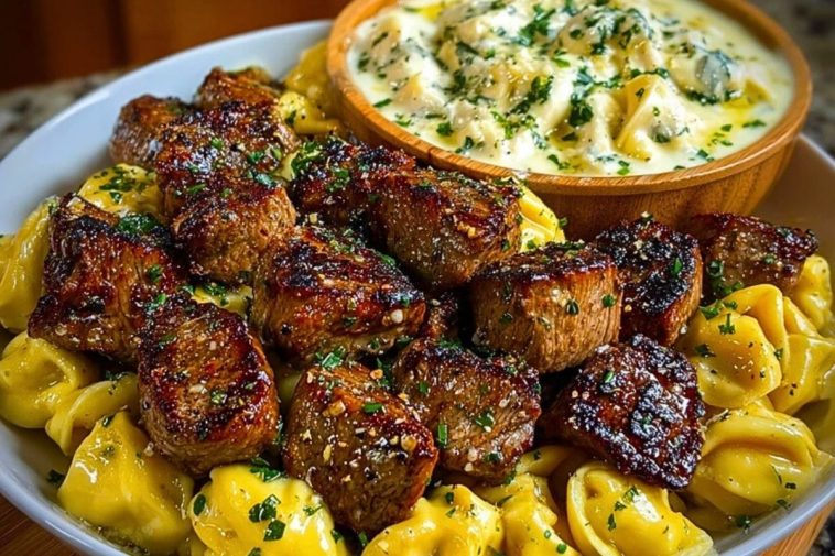 Garlic Butter Steak Bites with Creamy Parmesan Tortellini and Garlic Sauce