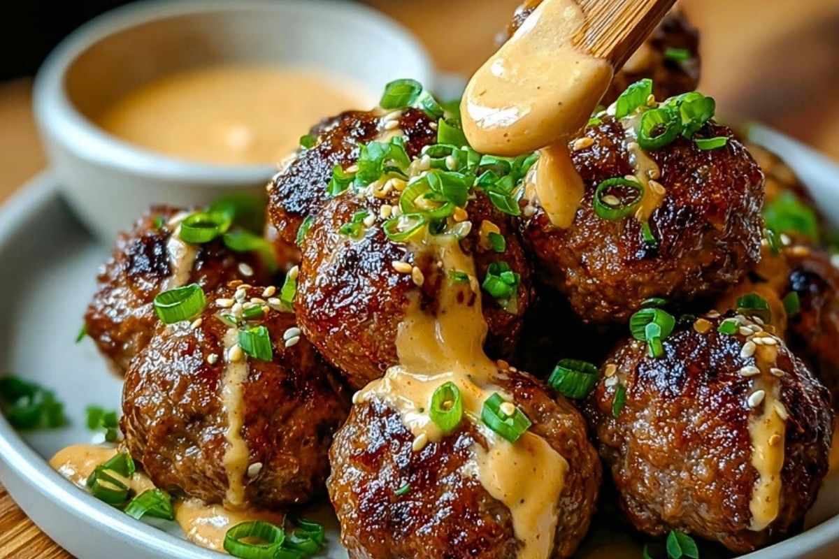 Korean BBQ Meatballs with Spicy Mayo Dip