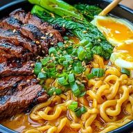 Spicy Korean Ramen with Grilled Beef & Creamy Sauce