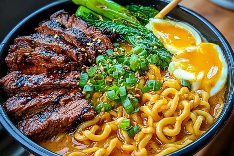 Spicy Korean Ramen with Grilled Beef & Creamy Sauce