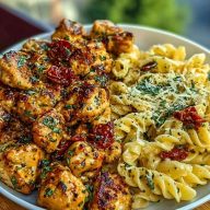 Tuscan Garlic Chicken Bites & Sun-Dried Tomato Cajun Alfredo Pasta