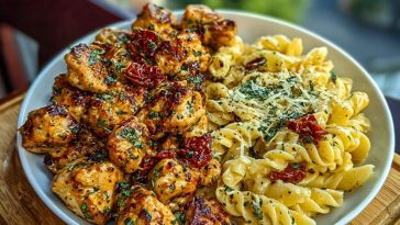 Tuscan Garlic Chicken Bites & Sun-Dried Tomato Cajun Alfredo Pasta