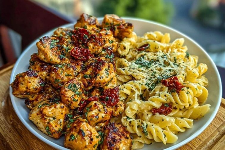 Tuscan Garlic Chicken Bites & Sun-Dried Tomato Cajun Alfredo Pasta