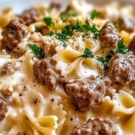 Beef and Bowtie Pasta with Alfredo Sauce