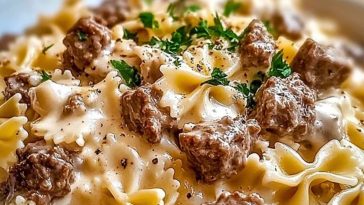 Beef and Bowtie Pasta with Alfredo Sauce