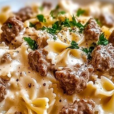 Beef and Bowtie Pasta with Alfredo Sauce