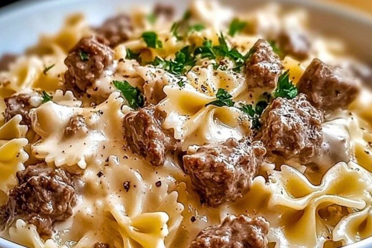 Beef and Bowtie Pasta with Alfredo Sauce