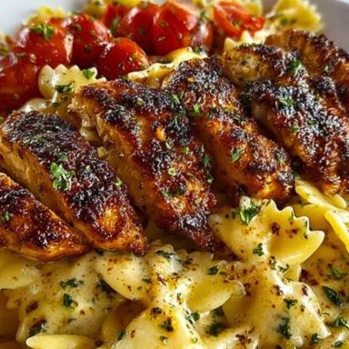 Bowtie Pasta with Creamy Cajun Chicken and Mozzarella Cheese Sauce