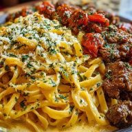 Cajun Beef Linguine in Creamy Velveeta Parmesan Garlic Sauce