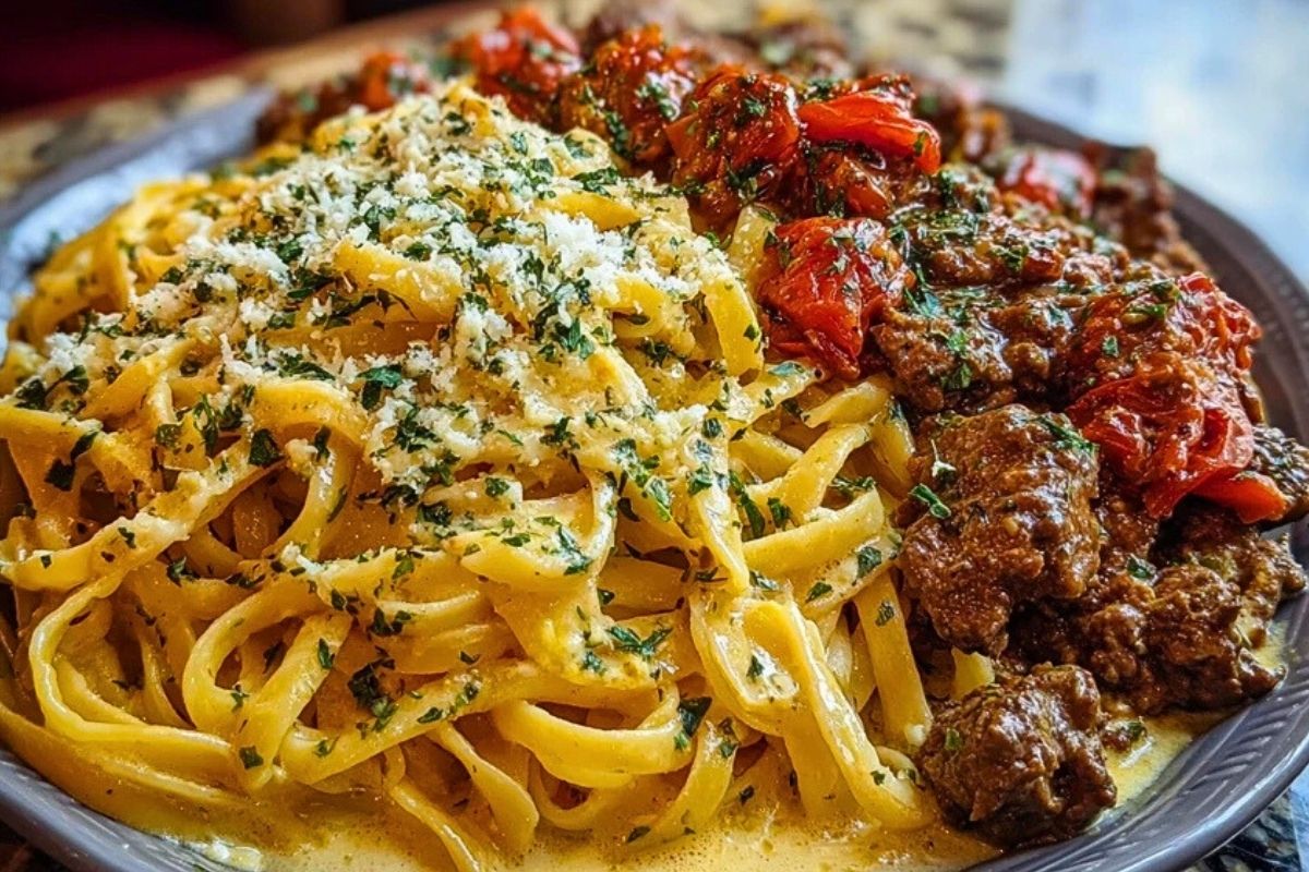 Cajun Beef Linguine in Creamy Velveeta Parmesan Garlic Sauce