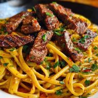 Cajun Garlic Butter Linguine with Tender Beef Strips