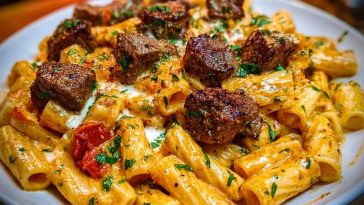 Cajun Garlic Butter Linguine with Tender Beef Strips Rigatoni