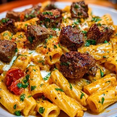 Cajun Garlic Butter Linguine with Tender Beef Strips Rigatoni