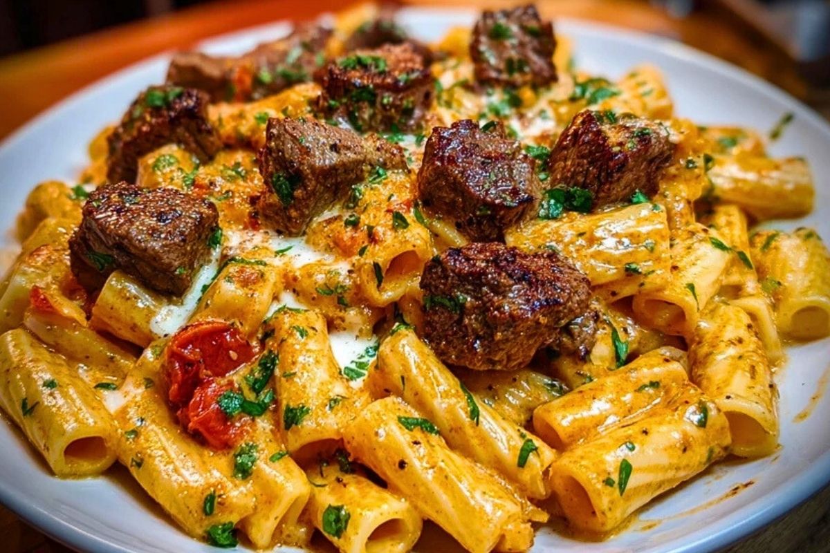 Cajun Garlic Butter Linguine with Tender Beef Strips Rigatoni
