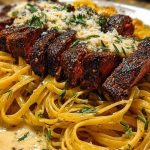 Cajun Garlic Butter Steak over Creamy Parmesan Linguine