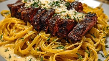 Cajun Garlic Butter Steak over Creamy Parmesan Linguine