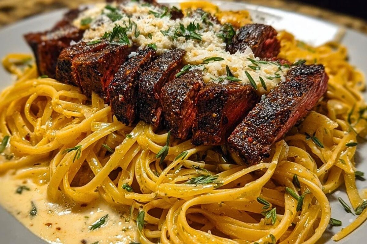 Cajun Garlic Butter Steak over Creamy Parmesan Linguine