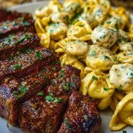 Cajun Garlic Butter Steak with Cheesy Alfredo Tortellini