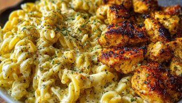 Cheesy Alfredo Twisted Pasta with Golden Garlic Butter Chicken in Creamy Sauce
